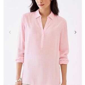 J. Jill Pink Gingham Print Collared V-Neck Long Sleeve Pullover Shirt Size M